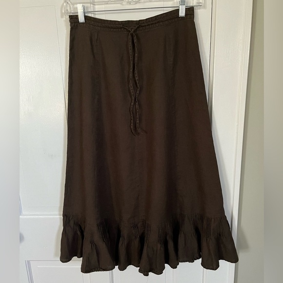 Liz Claiborne Brown Maxi Skirt 100% Linen Pintucked Ruffle Size 6 - Picture 3 of 9